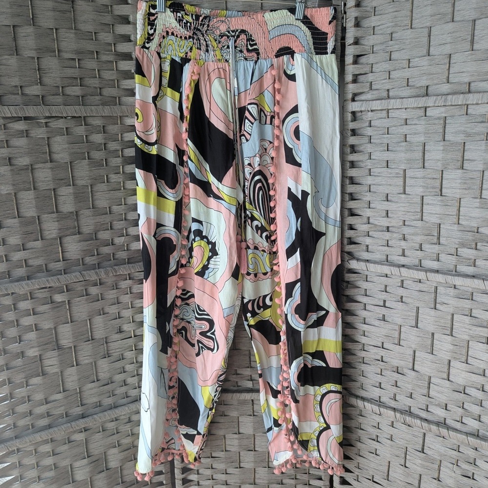 Palazzo Pants Abstract Multicolored Pom Pom Split Leg Sz L Beach Festival *READ